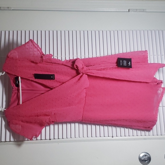 NWT M Lulus Hot Pink Swiss Dot Wrap Mini Romper - Picture 3 of 9